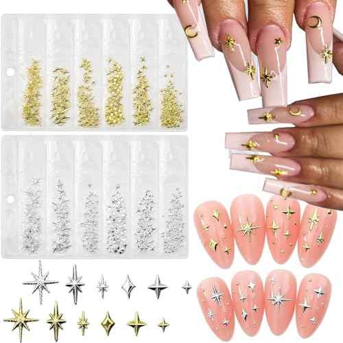 400pcs Gold Silver Star Nail Charms - 3D Star Nail Jewelry Rhinestones Supplies Accessories for Women Girls