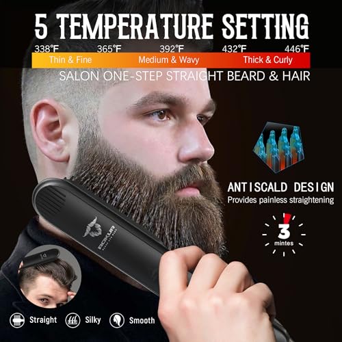 Beard Straightener for Men ? 5-Temp Heated Brush with Anti-Scald Tech ? Grooming Kit with Sandalwood Comb, Balm, Oil & Scissors ? Gifts for Father¡¯s Day, Anniversary & Birthdays