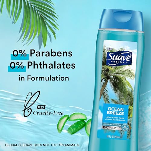 Suave Moisturizing Body Wash, with Ocean Breeze Scent and Vitamin E Extract, No Parabens, No Phtahaltes, 18 Oz, (Pack of 12)