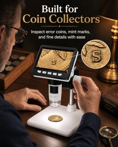 AOPICK White Digital Coin Microscope 1000X with 4.3" LCD, 1080P USB, 8 LED Lights