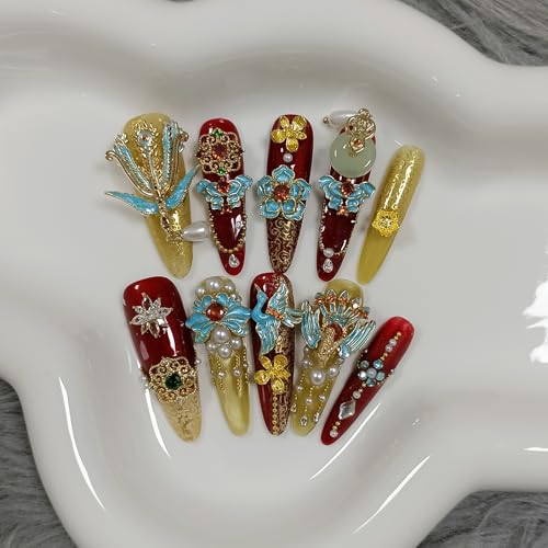 10Pcs Heirloom Chinese Bridal Press On Nails With Tools,Red Gold Phoenix Dragon Designs Fake Nails Long Stiletto,Full Crystals Heavy Relief Luxury Wedding Set Glue on Nails for Cheongsam(S)