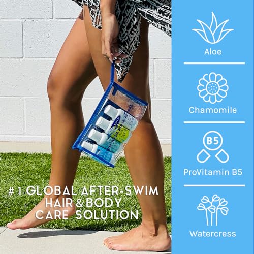 TRISWIM Shot Set in Travel Bag | 2oz Travel Size Chlorine Removal Shampoo, Swimmer¡¯s Conditioner, Swim Body Wash and Lotion | Removes Chlorine, Bromine, Hard Water Minerals & Saltwater and odors