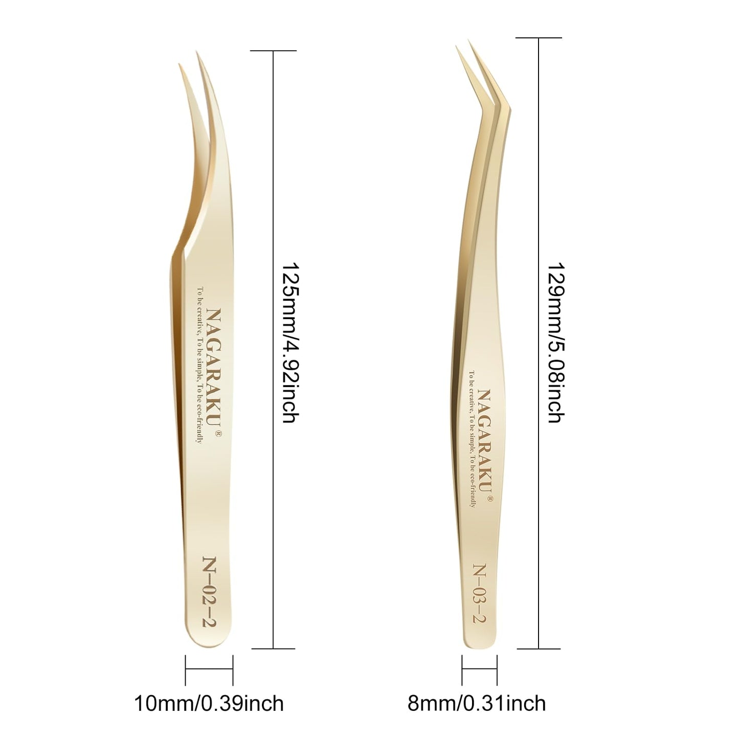 NAGARAKU Eyelash Extension Tweezers Gold Straight Curved Angled Long tip Volume Cluster Light Weight Easy Fanning Tweezer Stainless Steel Precision 1 Pair Lash Applicator Tool (N-02-2 & N-03-2)