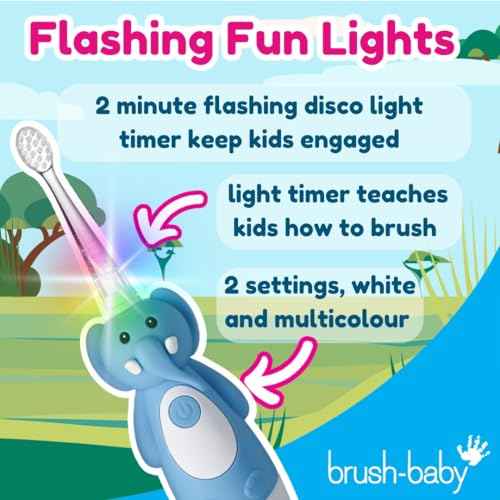 brush-baby WildOnes Kids Electric Rechargeable Toothbrush Elephant, 1 Handle, 3 Brush Heads, USB Charging Cable, for Ages 0-10 (Elephant)