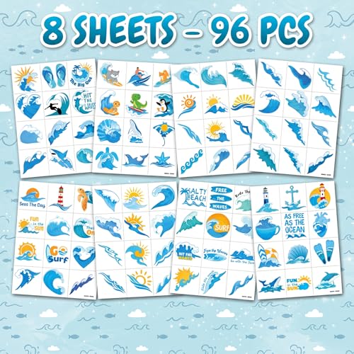 96 PCS Summer Wave Temporary Tattoos for Kids | Ocean Beach Party Favors