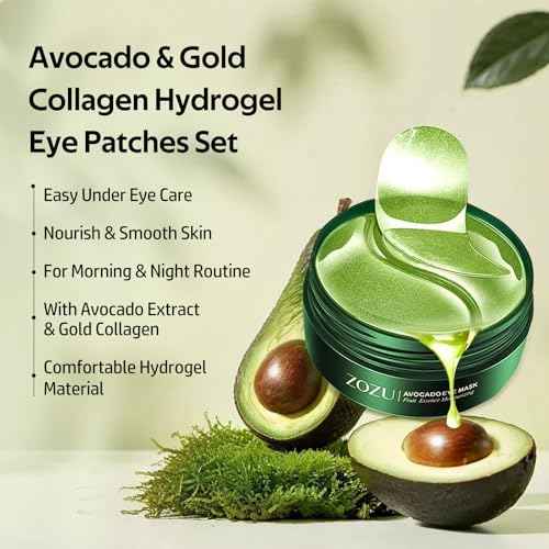 dewyhour Avocado & Gold Hydrogel Eye Mask Set - Collagen Under Eye Patches to Reduce Puffiness, Dark Circles & Wrinkles | Korean Skincare Treatment for Firming, Hydration