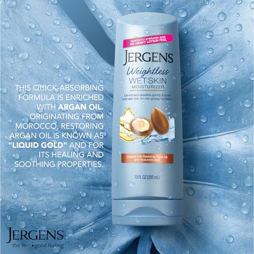 Jergens Wet Skin Body Moisturizer with Restoring Argan Oil, 4X Healthier Looking Skin, Fast-Absorbing, Non-Greasy, Dermatologist Tested, 10 Oz, Pack of 4