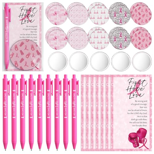 Pinkunn 25 Sets Breast Cancer Awareness Accessories Bulk Breast Cancer Gift for Women Compact Mirrors with Pink Ribbon Boxing Glove Design, Ballpoint Pens, Motivational Cards Charity Party Favors