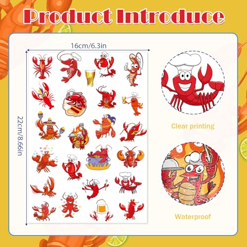 8 Sheets 200+ Crawfish Boil Temporary Tattoos Summer Seafood Lobster Crayfish Shrimp Tattoos Stickers Support Crayfish Boil Theme Birthday Party Favors Gifts Rewards Supplies