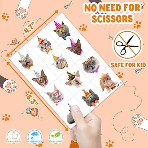 96 PCS Cat Cats Pet Pre-Cut Temporary Tattoos for Kids | Super Cute Themed Birthday Party Favors, Supplies, Decorations, Animal Paw Fake Tattoo Stickers Gifts for Boys Girls Rewards