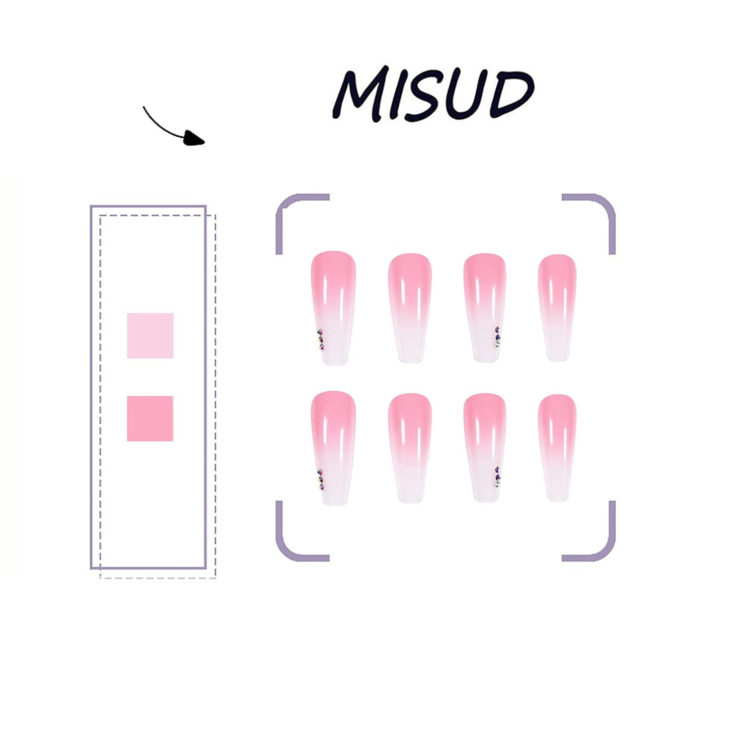 MISUD Extra Long Coffin Press On Nails Ballerina Fake Nails Glossy Glue on Nails Pink White Ombre Acrylic Nails Gradient Artificial Nails Rhinestone Stick on False Nails with Design 24 pcs