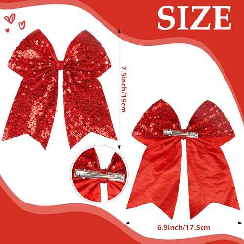 Red Glitter Bow Clips, 7.5 Inch Large Hair Bows Ponytail Holder Hair Accessories for Girls Women Teens for Cheerleading, Dance, Party (Red)