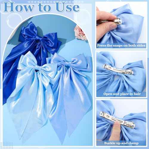 5 Pcs Blue Hair Bows for Women, Silky Satin Large Hair Clips for Girls, Long Tail Hair Ribbon Accessories