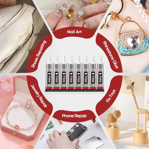 B7000 Clear Glue 15ml, 8-Pack Precision Tip for Jewelry & Nail Art