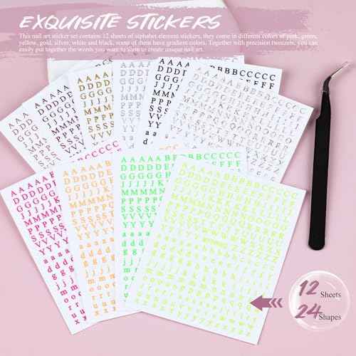 12 Sheets Alphabet Nail Art Stickers 3D Black White Gold Nail Letter Stickers Large Small Self-Adhesive English Nail Decals Manicure Accessories for Women Girls DIY Nail Art Design