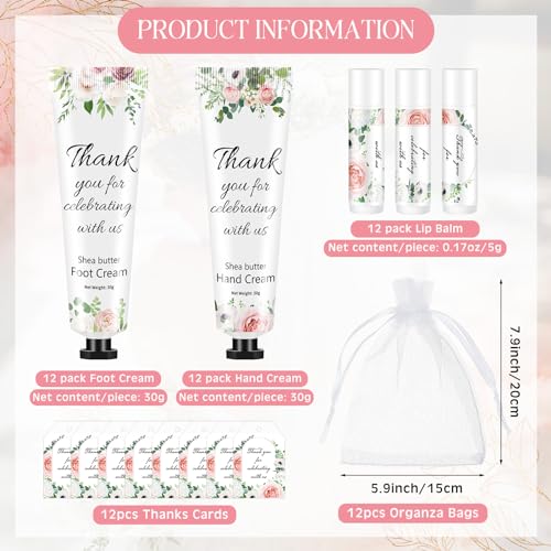 Dansib Bridal Shower Wedding Gifts Including Wedding Moisturizing Lip Balm Hand Cream Foot Cream Thank You Cards White Organza Bags for Bridesmaid Guests Gift Bachelorette Party Supplies(6 Sets)