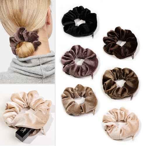 Pocket Scrunchies Hair Ties with Hidden Zipper Stash Scrunchy Ponytail Holder