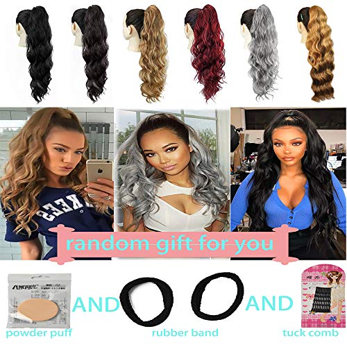 KETHBE 24 Inch Long Body Wave Ponytail hair Extension Synthetic Heat Resistant Wrap Around Drawstring Curly Wavy Ponytail Hairpieces for Women (4#)