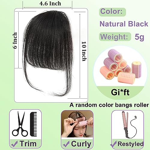 GHDXIWEYU 100% Human Hair Clip in Bangs,Women Air Thinning Curtain Flat Natural Black Bangs, Natural Curved Wispy Bangs,Real Human Hair Faux fake Bangs(Wispy Bangs,Natural Black)