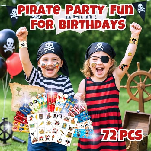 72-Piece Pirate Party Favors Set - Temporary Tattoos & Slap Bracelets