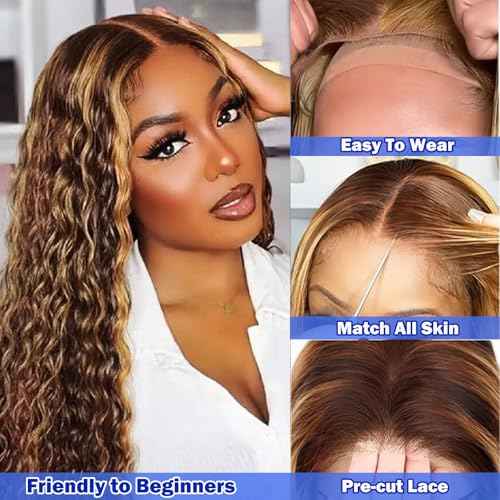 Ombre Curly Wave Lace Front Wigs Wear and Go Glueless Wigs Human Hair Pre Plucked Pre Cut Wet and Wavy Lace Front Wig180% Density T Part Honey Blonde and Brown Mixed Wig(FS4/27,12inch)