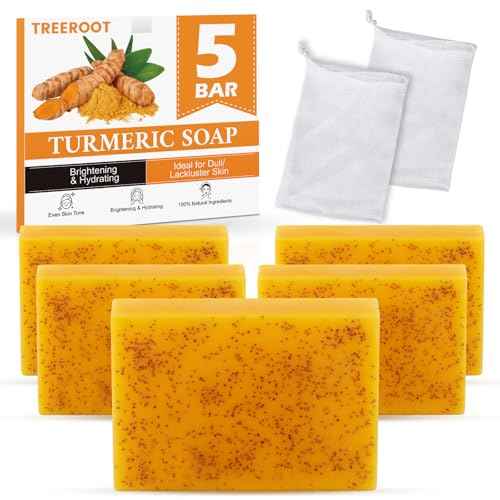 Treeroot 5 Pack Turmeric Soap for Dark Spots, 80g Kojic Acid and Turmeric Soap Bar, Face Even Skin Tone, Natural Potent Moisturizing Ingredient, Contains Vitamin C, Shea Butter, Lemon Oil, Retinol