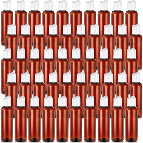 Mimorou 50 Pcs 4oz Plastic Squeeze Bottle with Disc Top Flip Cap Empty Amber Refillable Container Small Travel Toiletry Bottle for Lotion Shampoo Oil Body Soap Creams (Brown/White)