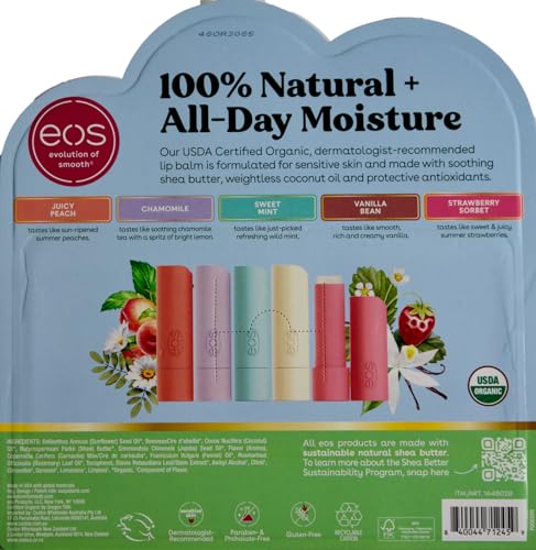 EOS Organic Lip Balm Juicy Peach Chamomile Mint Vanilla Strawberry, 9 Pack