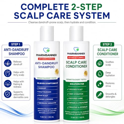 PHARMBANNER OTC Medicated Dandruff Shampoo & Conditioner Set 11.84 fl oz (Pack of 2) Tea Tree