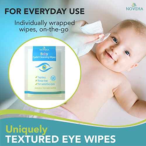 NOVEHA 60PCs Baby Eye Wipes | Safe & Natural Eyelid & Lash Wipes | Non Irritating, Tear Free, Hypoallergenic & Preservative free | Organic Baby Wipes for Sensitive Skin | Soothing and Moisturizing