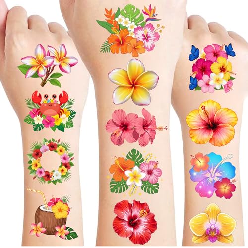 Hawaiian Temporary Tattoos for Kids - 96 PC Tropical Flowers