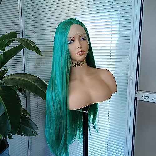 RONGDUOYI Teal Green Synthetic Lace Front Wigs 24inches Emerald Green Long Silky Straight Lace Front 13x4 Synthetic Wig with Natural Hairline Heat Fiber Hair Christmas Cosplay Wigs for Women