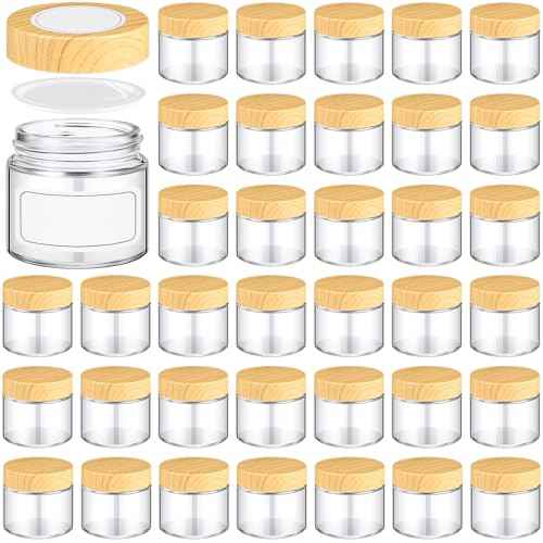 Layhit 36 Pcs 2oz Glass Jars with Lids Clear Small Jars with Plastic Woodgrain Lids, White Labels and Inner Liners Empty Round Cosmetic Containers for Creams Lotions Candle Making (2oz/ 60ml)