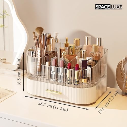 SpaceLuxe Cream White 2-Layer Makeup Organizer with Rotating Brush Holder