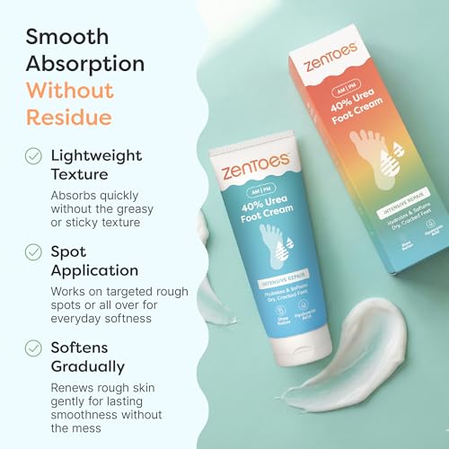 ZenToes Urea Foot Cream 40% for Cracked & Dry Feet - 5 oz, Long-Lasting Hydration