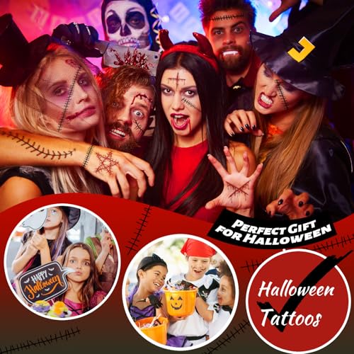 winthrop 8 Sheets Halloween Stitched Scar Temporary Tattoos, Large Size Fake Stitches & Wound Tattoos, Realistic Waterproof Horror Makeup Stickers for Halloween Costume, Cosplay&Party Supplies