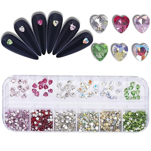 12 Grids 3D Mini Heart Shape Nail Rhinestones for Acrylic Nails Mixed Size Crystals Glass Round Flatback Rhinestones Nail Art Crystal Gem Jewelry Diamond Rhinestones for Nail Craft Decoration B