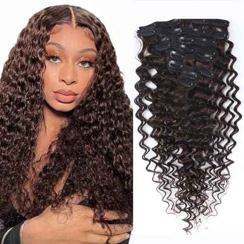 Curly Clip in Hair Extensions Real Human Hair 20inch 120g Invisible & Seamless 100% Brazilian Remy Human Extension Deep Wave Clip ins Extensions Double Weft 8 PCS with 20 Clips #2 Dark Brown