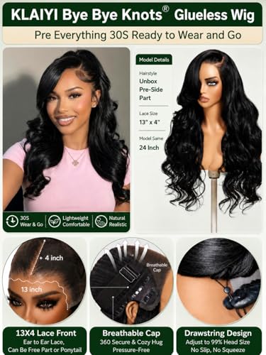 KLAIYI 16 Inch 13x4 Lace Front Wigs with Side Bangs Human Hair Loose Body Wave Glueless Pre-Styled