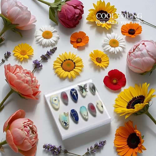 Homemade Press On Nails, Fake Nails Almond, 3D, Handmade Acrylic Press On Nails, Gifts For Women, COOLYOUNG Handmade Nails, 10 PCS Blue Nails, Size L