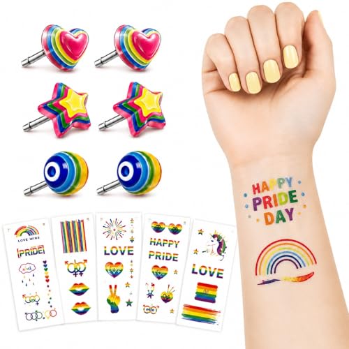 Rainbow Stud Earrings & Tattoo Set - 3 Pairs + 5 Sheets