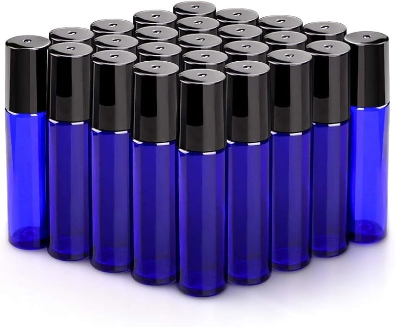 Blue 10ml Glass Roller Bottles for Essential Oils - 25 Pack with Accessories