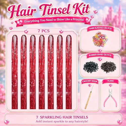 Red Hair Tinsel Kit - 7 Pcs Glitter Extensions for Festivals