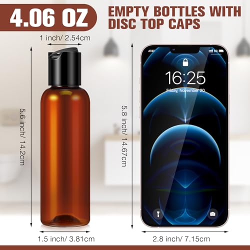 Mimorou 50 Pieces 4oz Plastic Squeeze Bottles with Disc Top Flip Cap Empty Amber Refillable Containers Small Travel Toiletry Bottles for Lotion Shampoo Oil Body Soap Creams