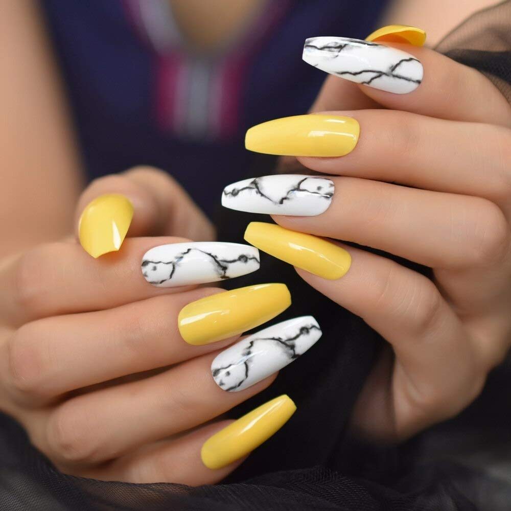 Coolnail Glossy Nails Yellow White Marble Press on False Nails Extra Long Coffin Ballerina Frosted UV Detachable Fingersnails Beauty