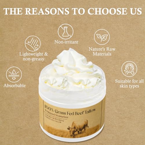 Beef Tallow for Skin, Beef Tallow for Face,Unscented Natural Face Moisturizer, Whipped Tallow Balm, Deeply Moisturizes and Soothes the Skin, 1.7 OZ