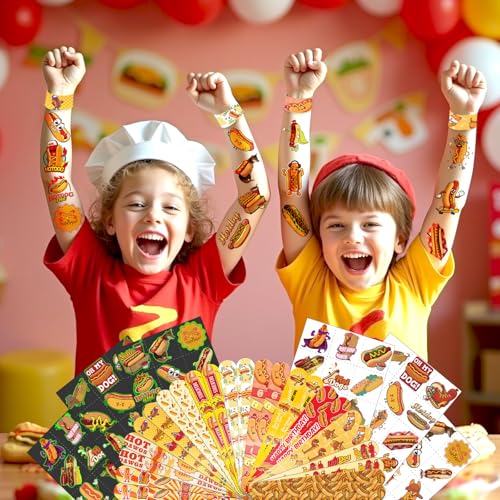 96 PCS Hot Dog Party Favors Set ? 72 Pre-Cut Temporary Tattoos & 24 Slap Bracelets for Kids, Perfect for Food-Themed Birthday Parties, BBQ Celebrations & Classroom Rewards
