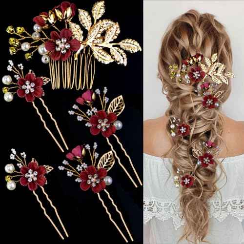 5 PCS Bridal Flower Wedding Hair Pins Crystal Pearl Headpiece Gold Wedding Hair Accessories Jewelry Rhinestone for Brides Bridesmaids Women Girls Updo, Exquisite Flower Leaves&Elegant Burgundy