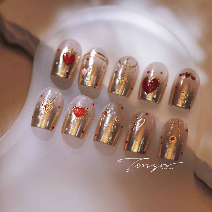 5D Embossed Gold Star Nail Stickers - Red Heart & Moon Nail Art Stickers for Valentine's Day DIY Manicure