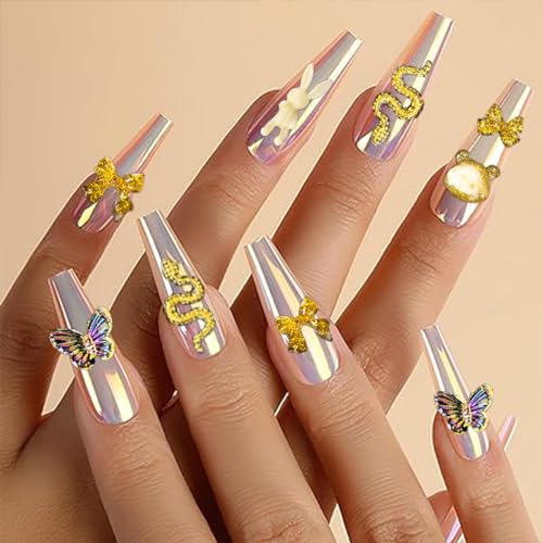 COOSLIM 110 Pieces 3D Bow Nail Charms for Acrylic Nails, Bows Rose Flower Butterfly Bowknot Heart Bear Rabbit Star Charms for Nail Art Designs DIY Accessories Craft(Gold)